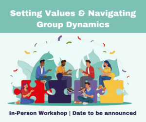 Workshop flyer. 6 students sitting atop puzzle pieces, having a conversation. 