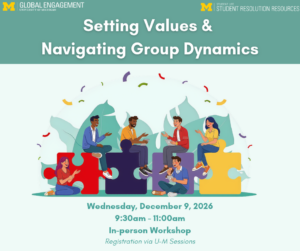 Workshop flyer. 6 students sitting atop puzzle pieces, having a conversation.